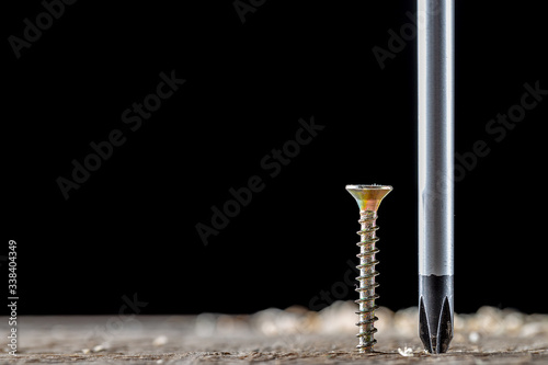 Obraz na plátně The screw and screwdriver close up on black background
