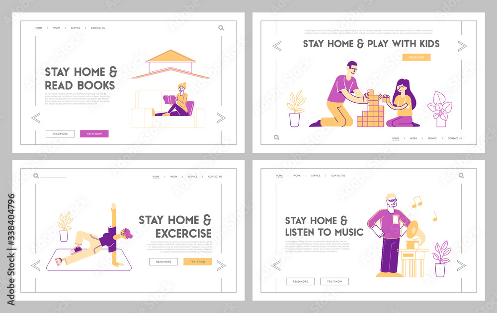 Stay Home Landing Page Template Set. Awareness Social Media Campaign and Coronavirus Prevention. People Characters Spend Happy Time Together during Covid 19 Quarantine. Linear Vector Illustration