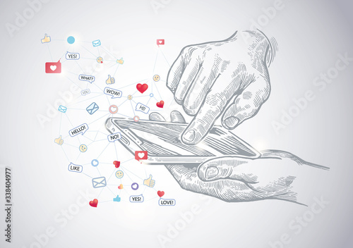 Hands holding the phone with touch screen, arawn in graphic style and icon symbolizing human communication in social networks and messengers