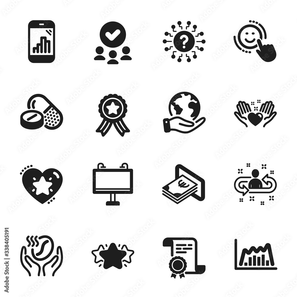 Set of Business icons, such as Star, Question mark. Certificate, approved group, save planet. Ranking star, Smile, Coffee. Medical drugs, Graph phone, Recruitment. Vector