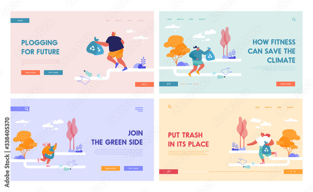 Active People Picking Up Litter During Plogging Landing Page Template Set. Men, Woman, Kids Characters Run and Clean Environment. Healthy Lifestyle and Ecology Protection. Cartoon Vector Illustration