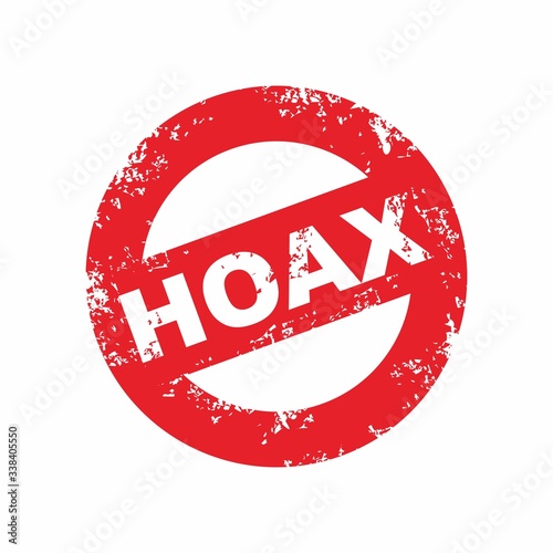 Red hoax label circle stamp illustration, red grunge hoax or fake news sign template vector
