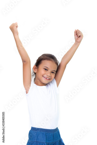 Children raise happy hands isolate on white background.
