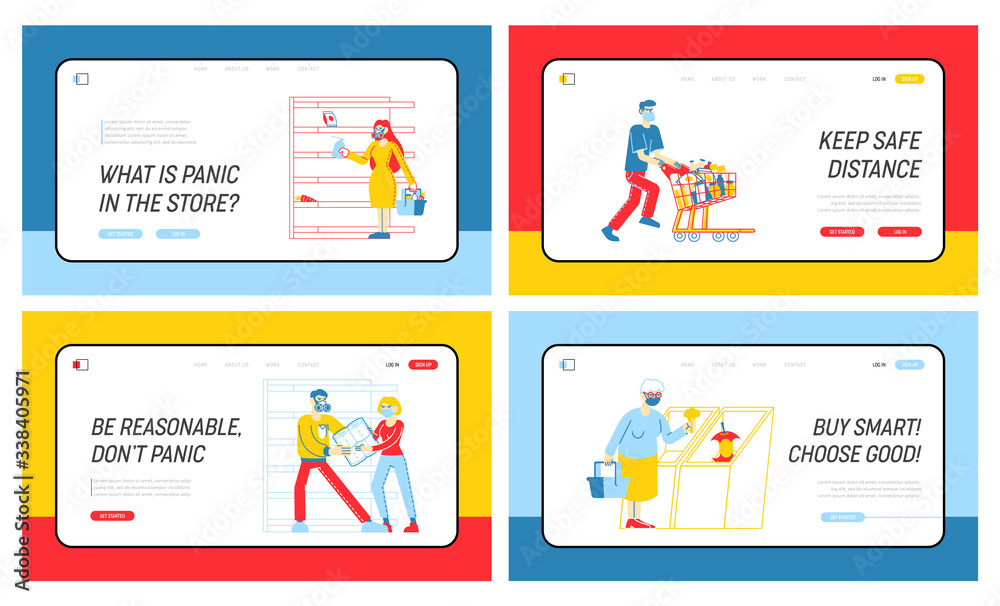Doomsday Panic and Coronavirus Pandemic Chaos Landing Page Template Set. Characters Crazily Buying Goods from Supermarket Shelves, Fighting for Toilet Paper, Covid19. Linear People Vector Illustration Doomsday Panic and Coronavirus Pandemic Chaos Landing Page Template Set. Characters Crazily Buying Goods from Supermarket Shelves, Fighting for Toilet Paper, Covid19. Linear People Vector Illustration