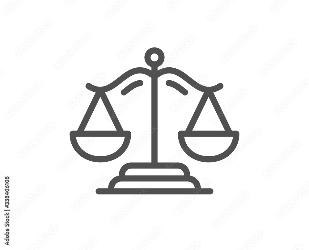 Justice scales line icon. Judgement scale sign. Legal law symbol. Quality design element. Editable stroke. Linear style justice scales icon. Vector