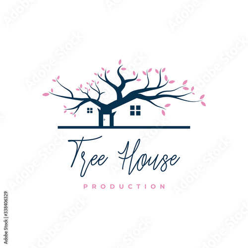 negative space house in oak tree logo design