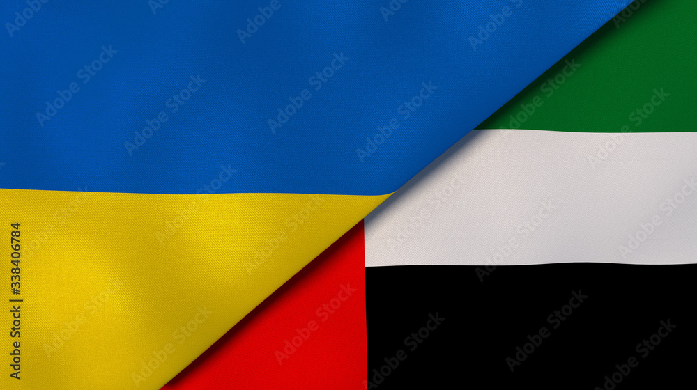 Fototapeta premium The flags of Ukraine and United Arab Emirates. News, reportage, business background. 3d illustration