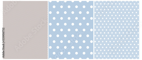 Simple Bright Polka Dot Seamless Vector Patterns. 3 Various Dotted Print. White Circles Isolated on a Light Blue and Gray Background. Simple Pastel Color Geometric Repeatable Design ideal for Fabric.