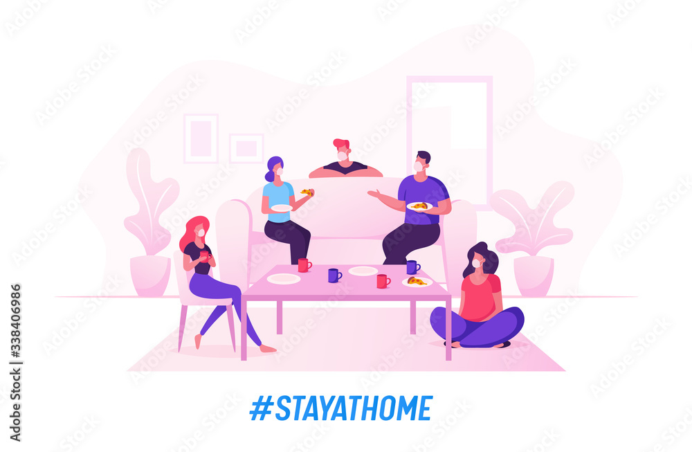 Group of Young People Celebrate Home Party during Quarantine Covid 19 Self Isolation Eating Pizza, Drinking Tea. Friend Characters Company Leisure, Spare Time, Celebration. Cartoon Vector Illustration