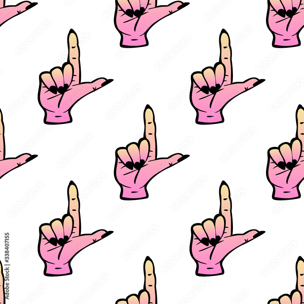 Pointing up forefinger, warning sign seamless pattern. Female, women's hand gestures expression sign vector wallpaper. White background. Pointing up forefinger, warning sign seamless pattern. Female, women's hand gestures expression sign vector wallpaper. White background.