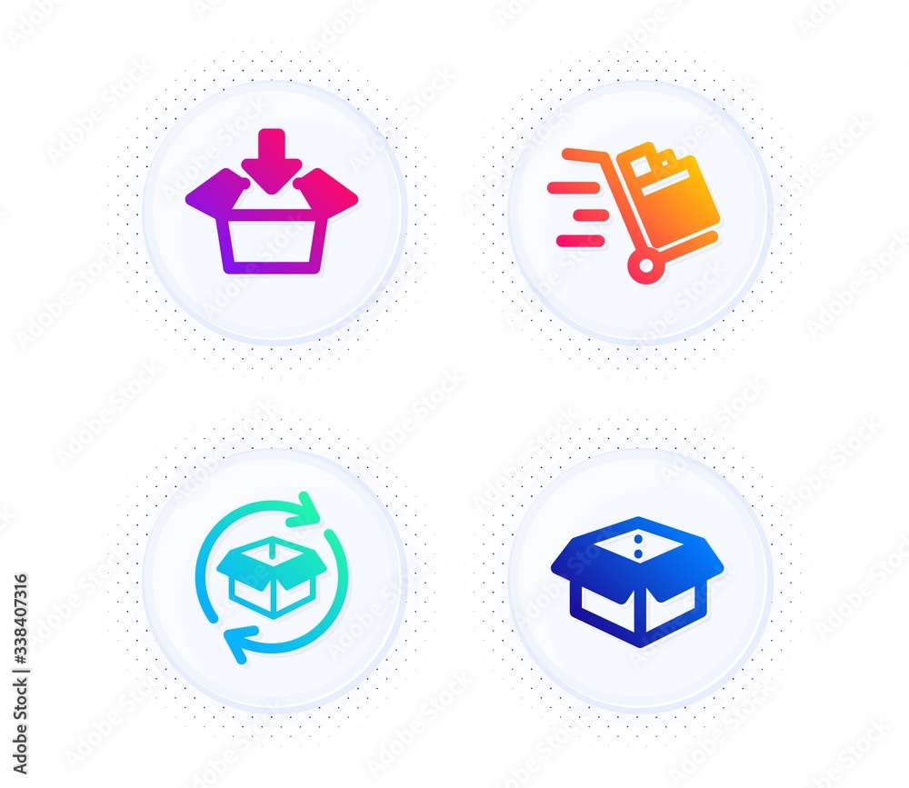 Get box, Return parcel and Push cart icons simple set. Button with halftone dots. Open box sign. Send package, Exchange of goods, Express delivery. Delivery package. Transportation set. Vector