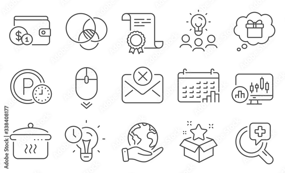 Set of Business icons, such as Loyalty program, Buying accessory. Diploma, ideas, save planet. Time management, Reject mail, Boiling pan. Calendar graph, Medical analyzes, Parking time. Vector Set of Business icons, such as Loyalty program, Buying accessory. Diploma, ideas, save planet. Time management, Reject mail, Boiling pan. Calendar graph, Medical analyzes, Parking time. Vector