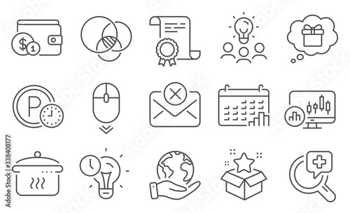 Set of Business icons, such as Loyalty program, Buying accessory. Diploma, ideas, save planet. Time management, Reject mail, Boiling pan. Calendar graph, Medical analyzes, Parking time. Vector