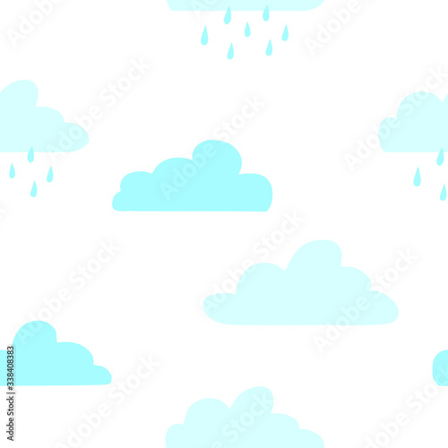 Seamless pattern with clouds and rain drops. Cute childish background. Flat style. Vector illustration. White background.