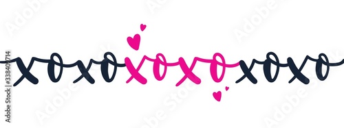 Xo xo xo card with doodles and hearts vector illustration. Pink and black colours of letters flat style. Inspiration love and kiss concept. Isolated on white background