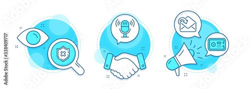 Reject protection, Safe box and Receive mail line icons set. Handshake deal, research and promotion complex icons. Microphone sign. No security, Deposit, Incoming message. Mic. Business set. Vector