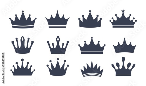 Set of different black beautiful crowns vector illustration. Silhouette symbols flat style. King or queen accessory. Luxury concept. Isolated on white background