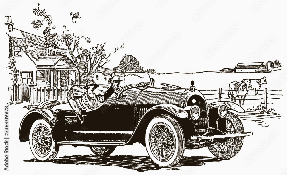 Fototapeta A man and a woman from the early 20th century sitting in an antique car in front of a farm building. Illustration after a vintage engraving