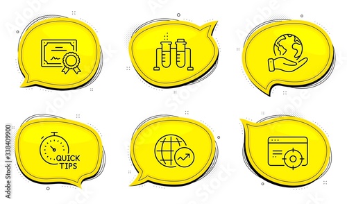 World statistics sign. Diploma certificate, save planet chat bubbles. Quick tips, Chemistry beaker and Seo targeting line icons set. Helpful tricks, Laboratory flask, Performance. Vector