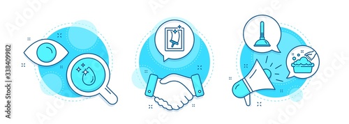 Water drop, Plunger and Window cleaning line icons set. Handshake deal, research and promotion complex icons. Hand washing sign. Crystal aqua, Clogged pipes cleaner, Housekeeping service. Vector