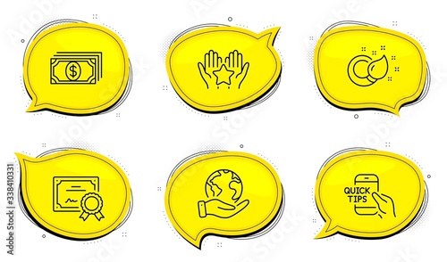 Paint brush sign. Diploma certificate, save planet chat bubbles. Ranking, Education and Payment line icons set. Hold star, Quick tips, Finance. Creativity. Education set. Outline icons set. Vector