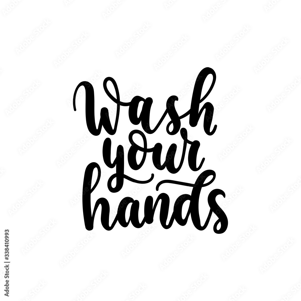 Wash your hands card with black ink lettering vector illustration. Handwashing with soap flat style. Recommendation poster concept. Isolated on white background