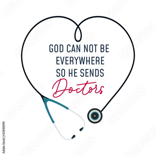 Gratitude to medical staff lettering with decor vector illustration. Inspirational poster for doctors flat style. Stethoscope equipment in heart shape. Isolated on white background