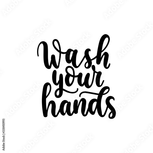 Wash your hands card with black ink lettering vector illustration. Handwashing with soap flat style. Recommendation poster concept. Isolated on white background