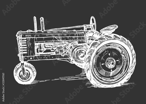 Vector drawing of tractor stylized as engraving