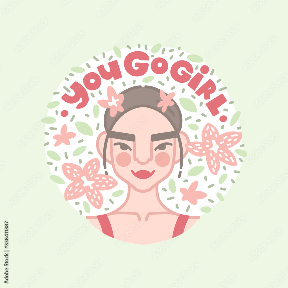 Vector hand drawn illustration in flat style. Girl and quote. You go ...
