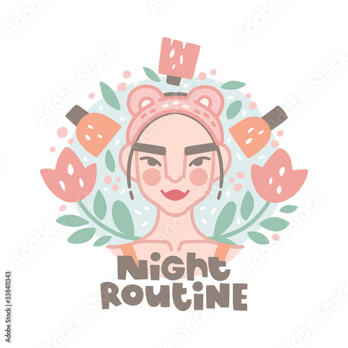 Asian Girl and the inscription. Night routine lettering. Round background with flowers, cosmetics packaging and shapes. Cosmetology, skin care, cream, beauty. Icon in flat style, vector illustration.