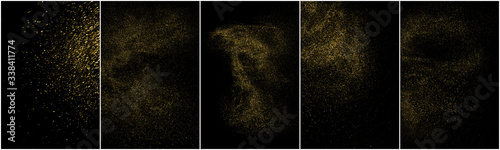Set of Gold Glitter Texture Isolated on Black Background. Golden stardust. Amber Particles Color. Sparkles Rain. Vector Illustration, Eps 10.