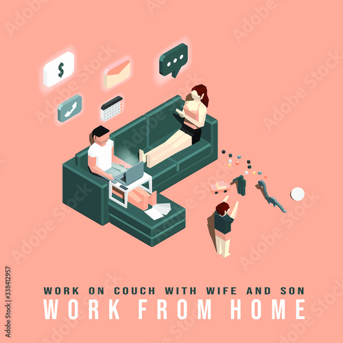isometric vector illustration of a man work on his couch with his wife and son.