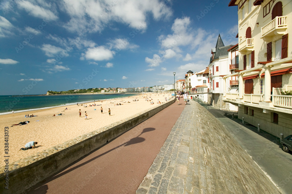 A beach boardwalk at St. Jean de Luz, on the Cote Basque, South West France, a typical fishing village in the French-Basque region near the Spanish border