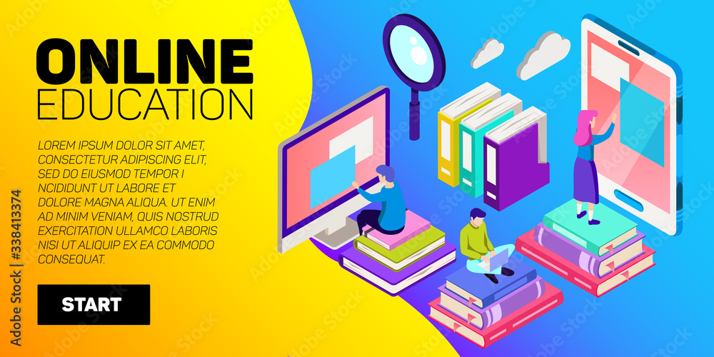 Obraz premium Isometric online education vector banner. E-learning. Imagination ad creativity.