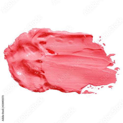Lip gloss make up swatch. Acrylic paint smear on white background.