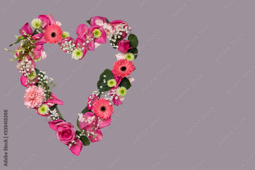 romantic heart of flowers for valentine in pink green red white with grey background