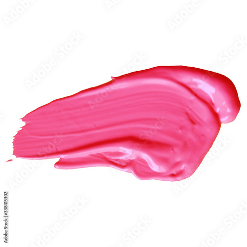 Lip gloss make up swatch. Acrylic paint smear on white background.