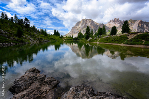 Amazing view on Lìmides lake, Dolomites, Belluno. Italy. In backgroung the Lagazuoi peak,. Dolomites Alps, Italy, Europe.