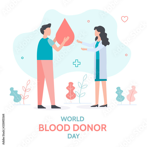 Word blood donor day banner. Volunteer passes his blood to the nurse. Flat vector illustration.