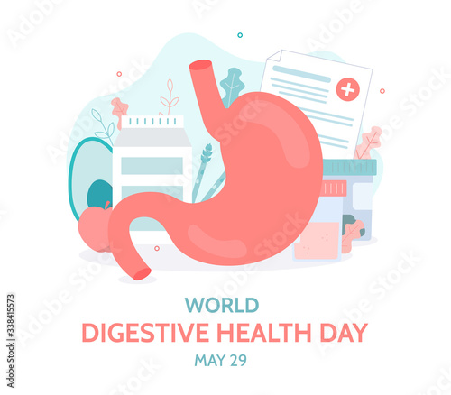 World Digestive Health Day. The health of the stomach. Medical banner. Flat vector illustration.