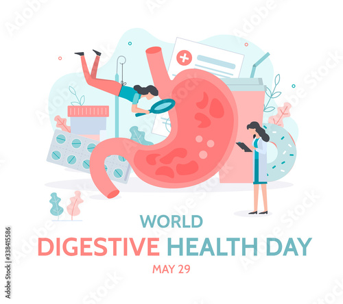 World Digestive Health Day. Diagnosis and treatment of gastritis. Stomach health. Medical concept. Flat vector illustration.