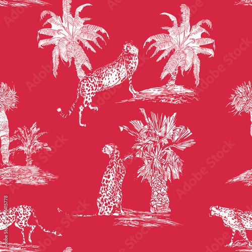 Seamless Pattern Cheetah in Palm Plants Dessert Safari White on Red Background, Lithography Wild Animals in Exotic Trees Small Isolated Groups, Chic Design