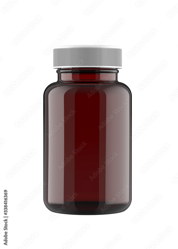 Fototapeta premium Amber Brown Transparent Plastic Bottle for Pills Packing with White Lid. 3D Render Isolated on White Background.