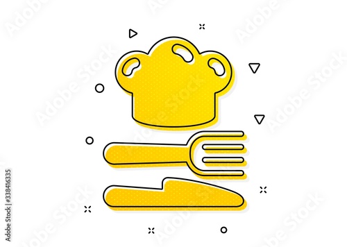 Cooking chef sign. Food icon. Fork, knife symbol. Yellow circles pattern. Classic food icon. Geometric elements. Vector