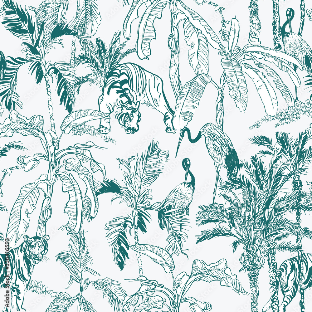 Wall mural Seamless Pattern Chinese Cranes and Tigers in Jungle Palms Exotic Plants Etching Outline Blue, Hand Drawn Lithograph Illustration, Wildlife in Rainforest Wallpaper Design, Tropical Textile Print