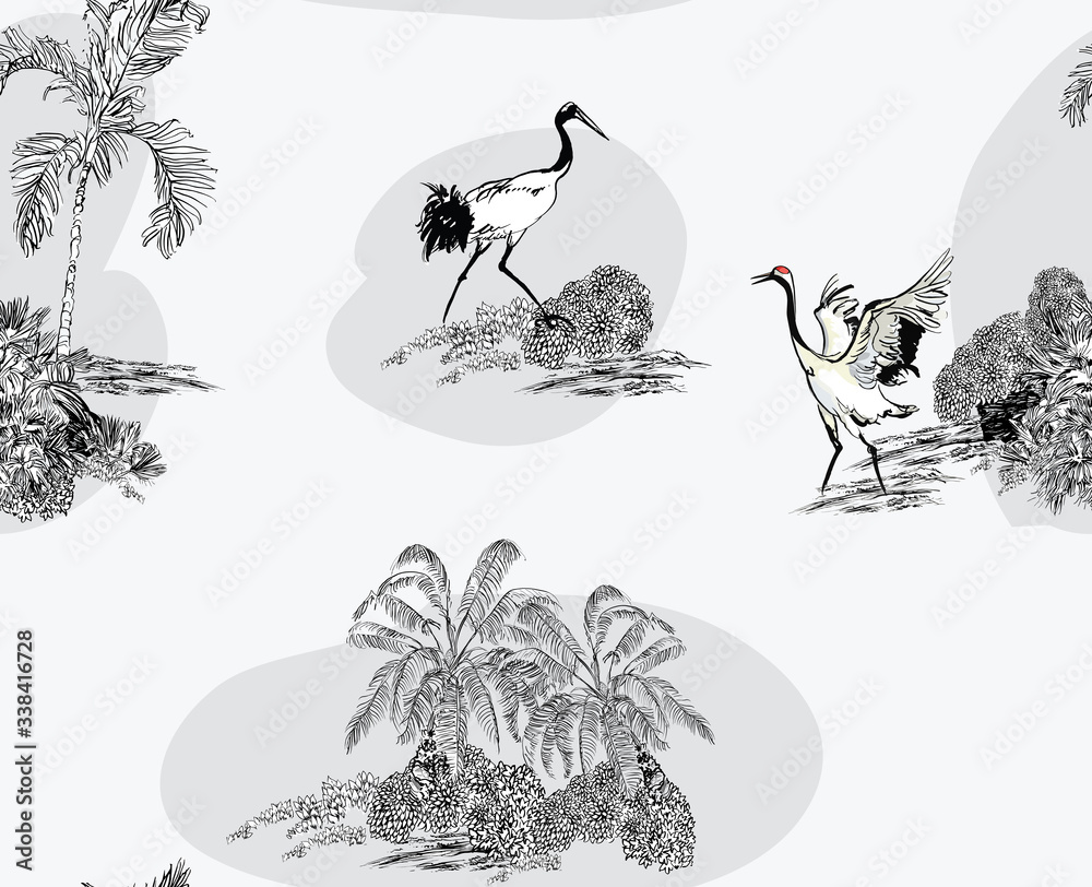 Naklejka premium Seamless Pattern Cranes on the Beach with Palms Lithograph Etching Illustration Monochrome, Hand Drawn Engraving Illustration of Exotic Birds Love Couple Dance, Black and White on White Background