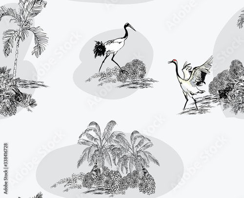 Wallpaper Mural Seamless Pattern Cranes on the Beach with Palms Lithograph Etching Illustration Monochrome, Hand Drawn Engraving Illustration of Exotic Birds Love Couple Dance, Black and White on White Background Torontodigital.ca
