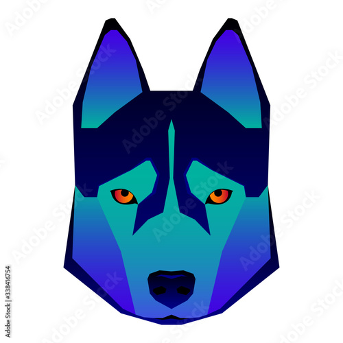 Abstract dog head isolated on white. Graphic cartoon husky dog portrait painted in imaginary colors for design card, invitation, banner, book, scrapbook, t-shirt, poster, sketchbook, album etc.