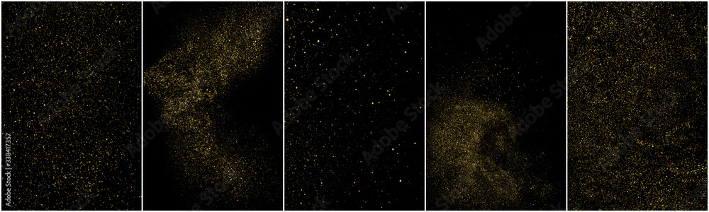 Set of Gold Glitter Texture Isolated on Black Background. Golden stardust. Amber Particles Color. Sparkles Rain. Vector Illustration, Eps 10.